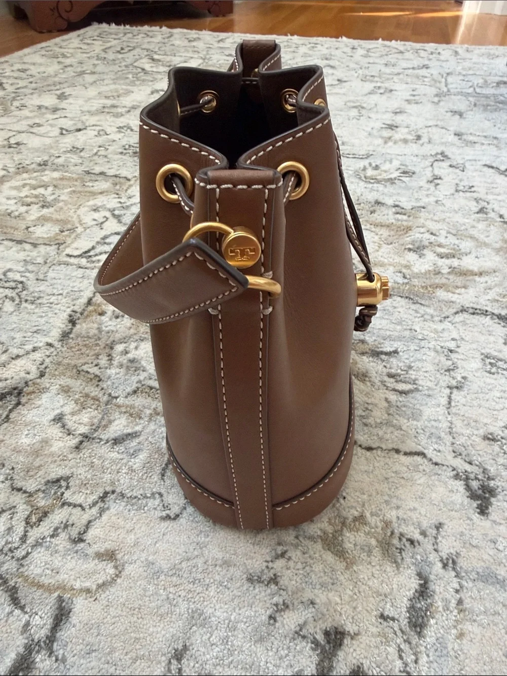 Tory Burch Classic Brown Leather Bucket Bag with Gold Hardware